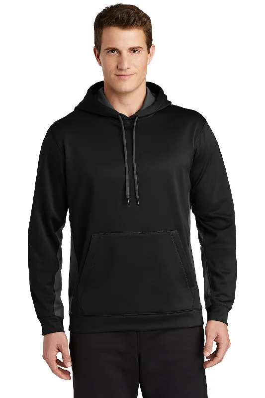 Sport-Tek Mens Sport-Wick Moisture Wicking Fleece Hooded Sweatshirt Hoodie w/ Pouch Pocket - Black/Dark Smoke Grey