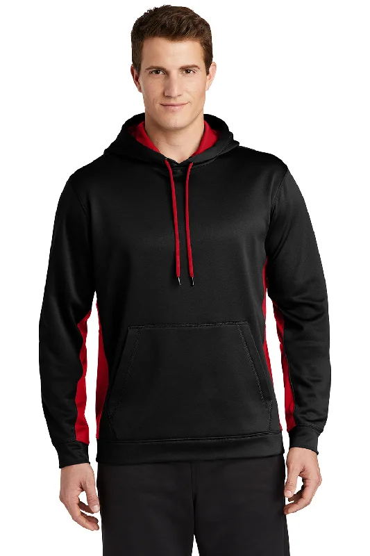 Sport-Tek Mens Sport-Wick Moisture Wicking Fleece Hooded Sweatshirt Hoodie w/ Pouch Pocket - Black/Deep Red