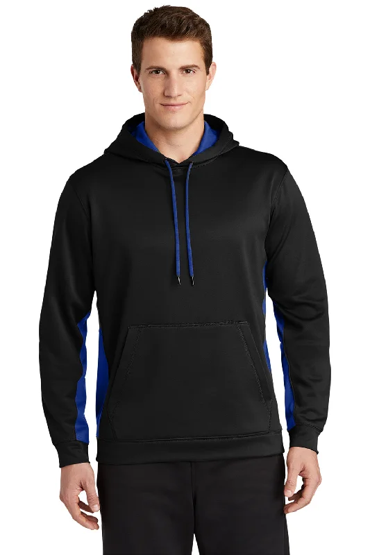 Sport-Tek Mens Sport-Wick Moisture Wicking Fleece Hooded Sweatshirt Hoodie w/ Pouch Pocket - Black/True Royal Blue