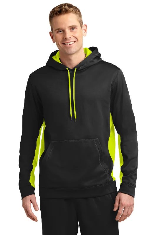 Sport-Tek Mens Sport-Wick Moisture Wicking Fleece Hooded Sweatshirt Hoodie w/ Pouch Pocket - Black/Safety Yellow - Closeout