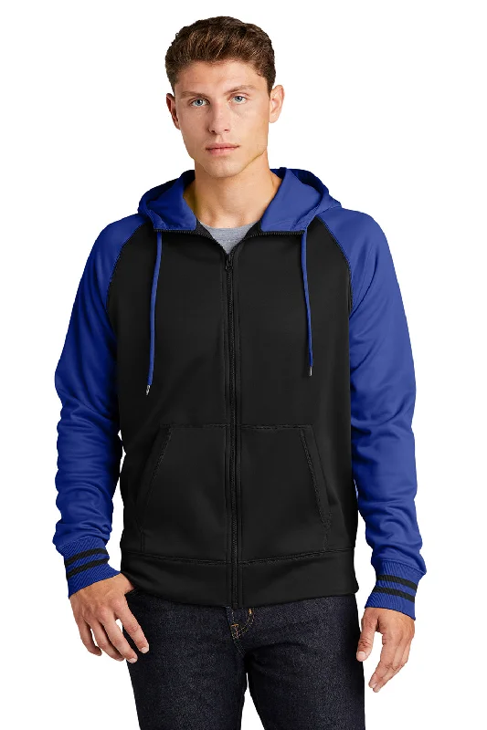 Sport-Tek Mens Sport-Wick Moisture Wicking Fleece Hooded Sweatshirt Hoodie w/ Pouch Pocket - Black/True Royal Blue