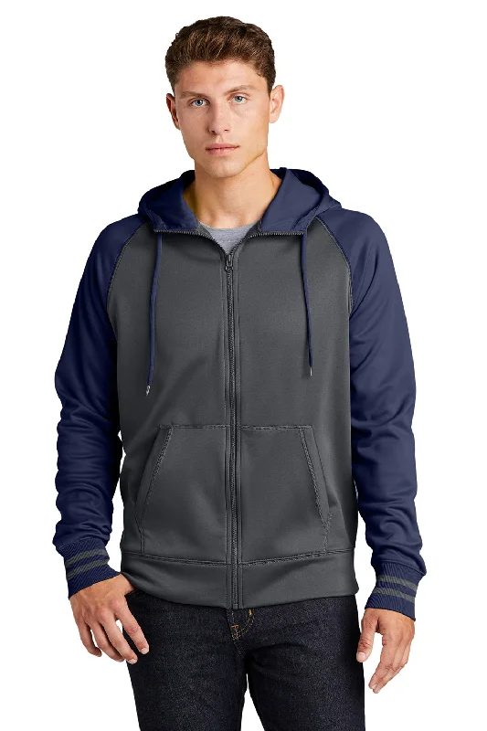 Sport-Tek Mens Sport-Wick Moisture Wicking Fleece Hooded Sweatshirt Hoodie w/ Pouch Pocket - Dark Smoke Grey/Navy Blue