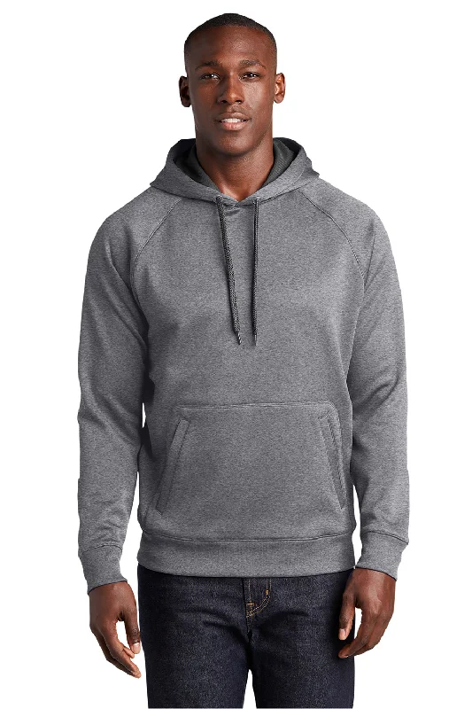 Sport-Tek Mens Tech Moisture Wicking Fleece Hooded Sweatshirt Hoodie w/ Pouch Pocket - Heather Vintage Grey