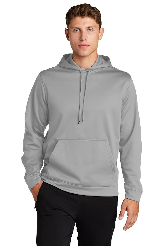 Sport-Tek Mens Sport-Wick Moisture Wicking Fleece Hooded Sweatshirt Hoodie w/ Pouch Pocket - Silver Grey